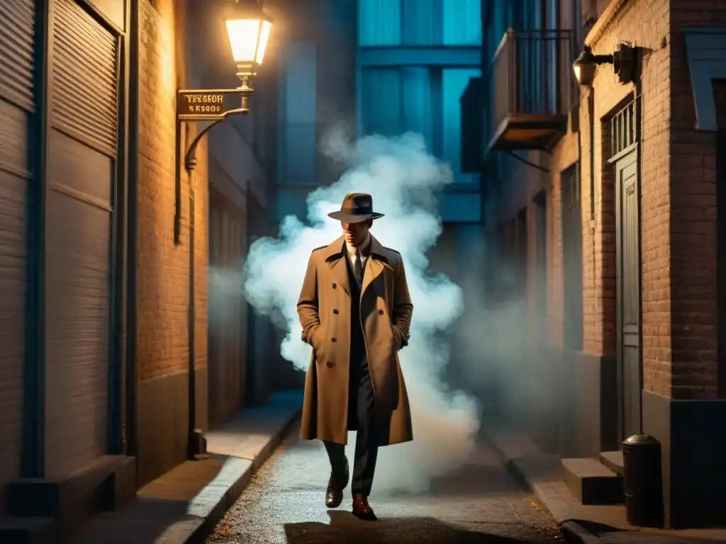 Un detective solitario en un callejón oscuro, bajo una farola parpadeante, rodeado de humo, evocando misterio en estilo Film Noir