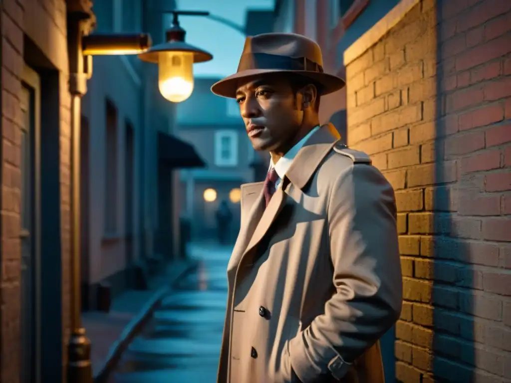 Detective en la penumbra: misterio en la ciudad Un detective solitario en un callejón oscuro, bajo una farola parpadeante, en un paisaje urbano de cine noir