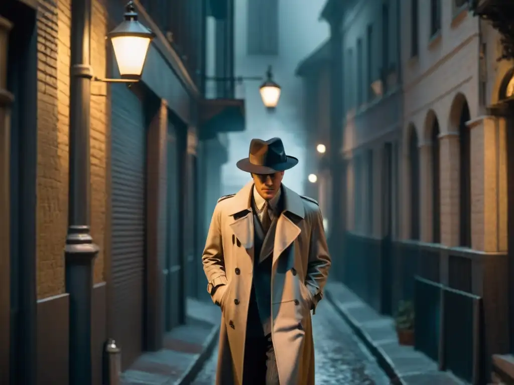 Un detective solitario fumando en un callejón oscuro, evocando el género detectives Miss Marple