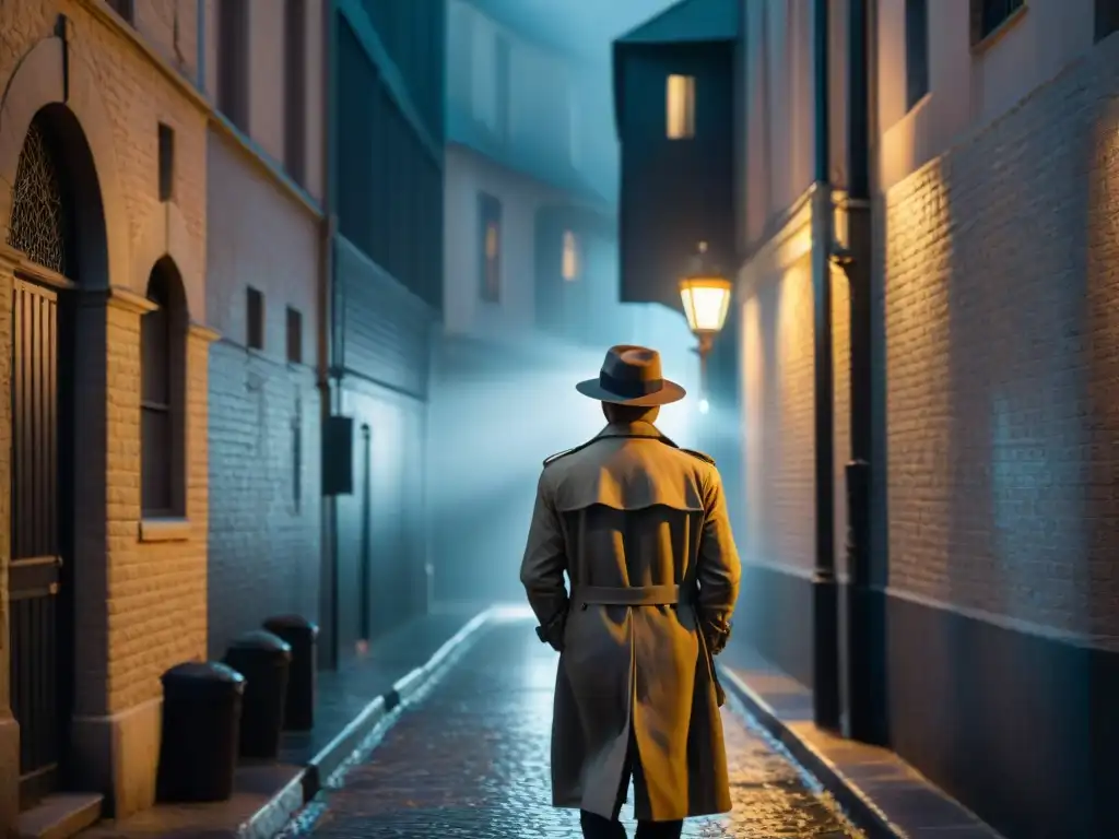 Un detective solitario en un callejón oscuro, iluminado por una farola distante, con un aire de misterio