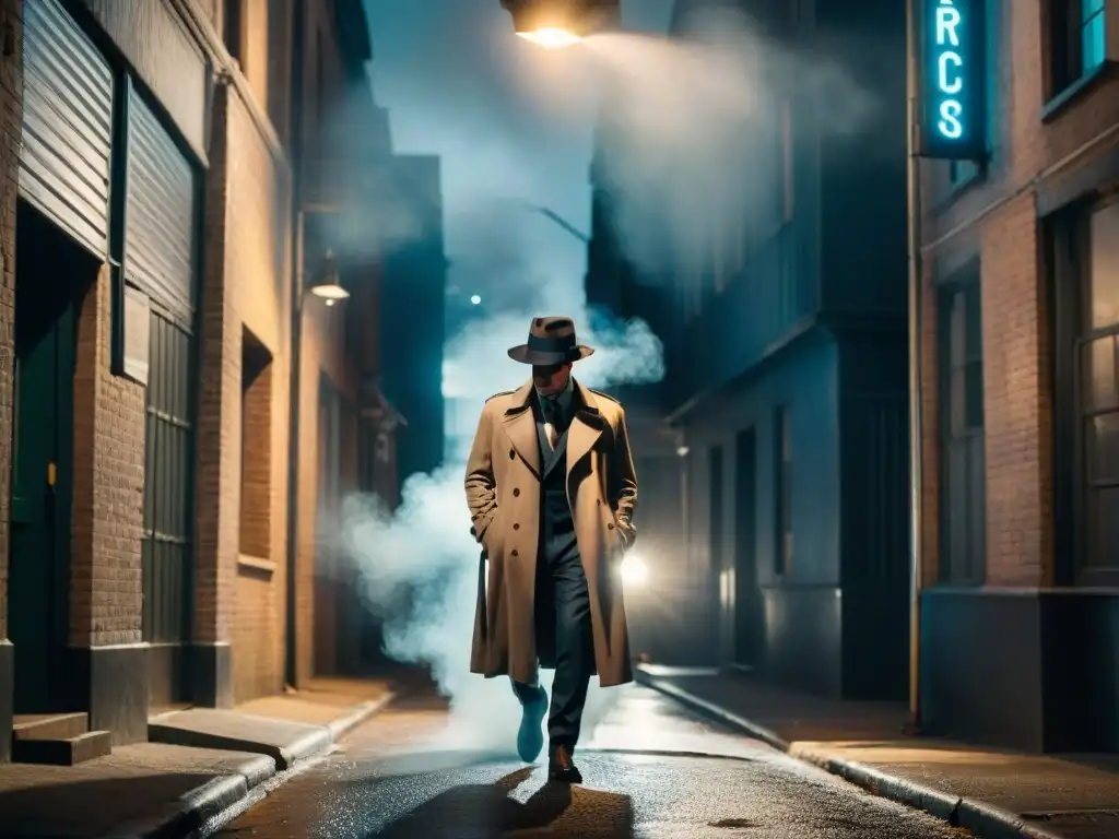 Un detective solitario en un callejón oscuro, bajo una farola parpadeante