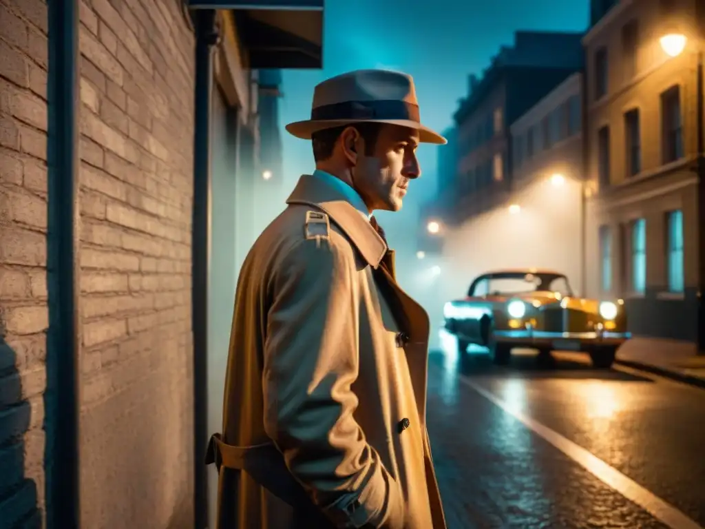 Un detective solitario en un callejón oscuro, mirando fijamente un coche vintage bajo la luz de la farola