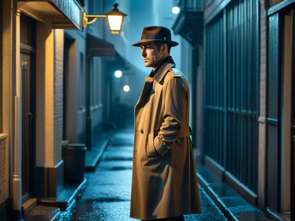 Un detective solitario en un callejón oscuro bajo la lluvia, evocando la estética del cine negro