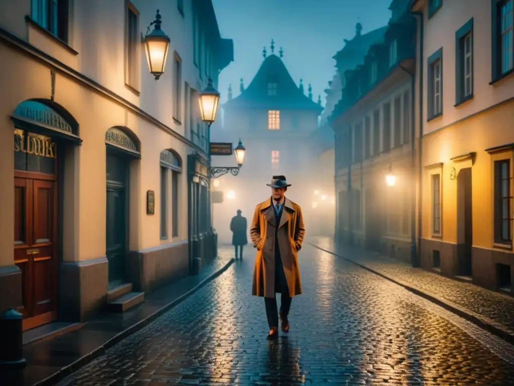 Un detective solitario se destaca en un callejón oscuro de Praga, bajo la luz de la farola, evocando el cine noir