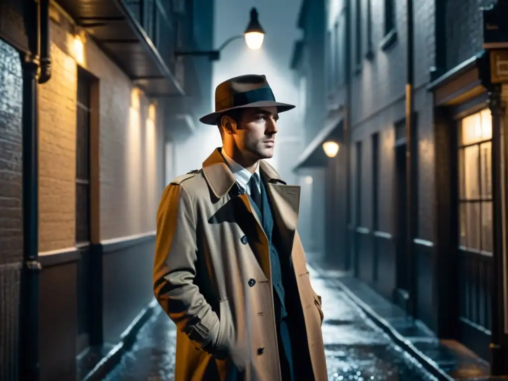 Un detective solitario en un callejón oscuro, con sombras alargadas y un ambiente noir