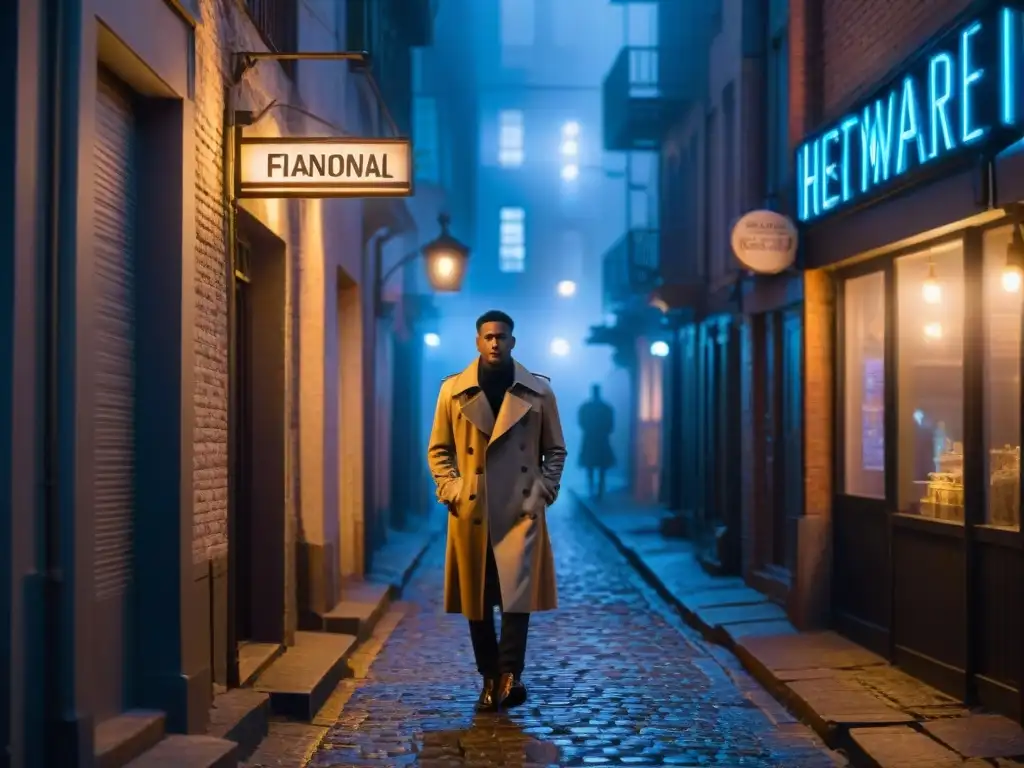 Misterioso detective en callejón nocturno de ciudad Un detective solitario en un callejón oscuro de la ciudad, iluminado por un letrero de neón