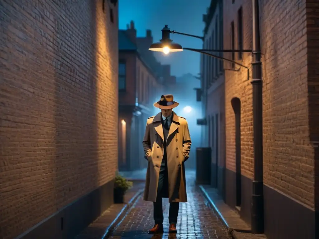 Un detective solitario en un callejón oscuro, iluminado por una farola, evocando la reinvención del drama detectivesco