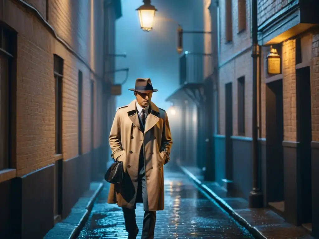 Un detective solitario en un callejón oscuro de noche bajo una farola titilante, mirando nervioso sobre su hombro