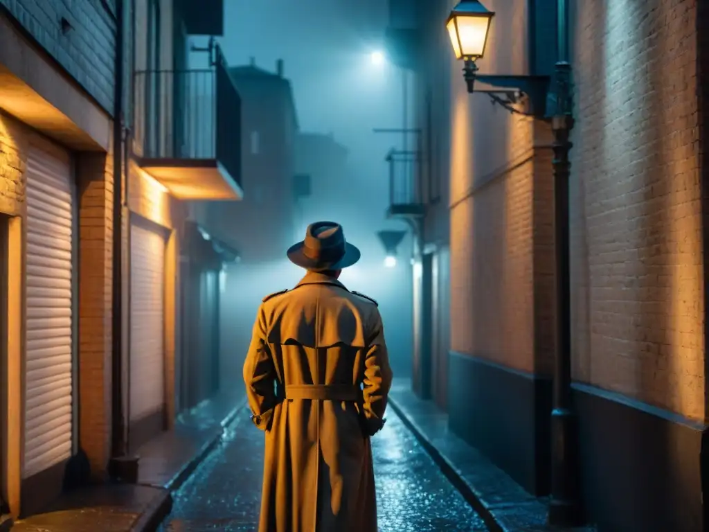 Un detective solitario en un callejón oscuro, influencia Raymond Chandler detective Philip Marlowe, misterio y determinación en la mirada