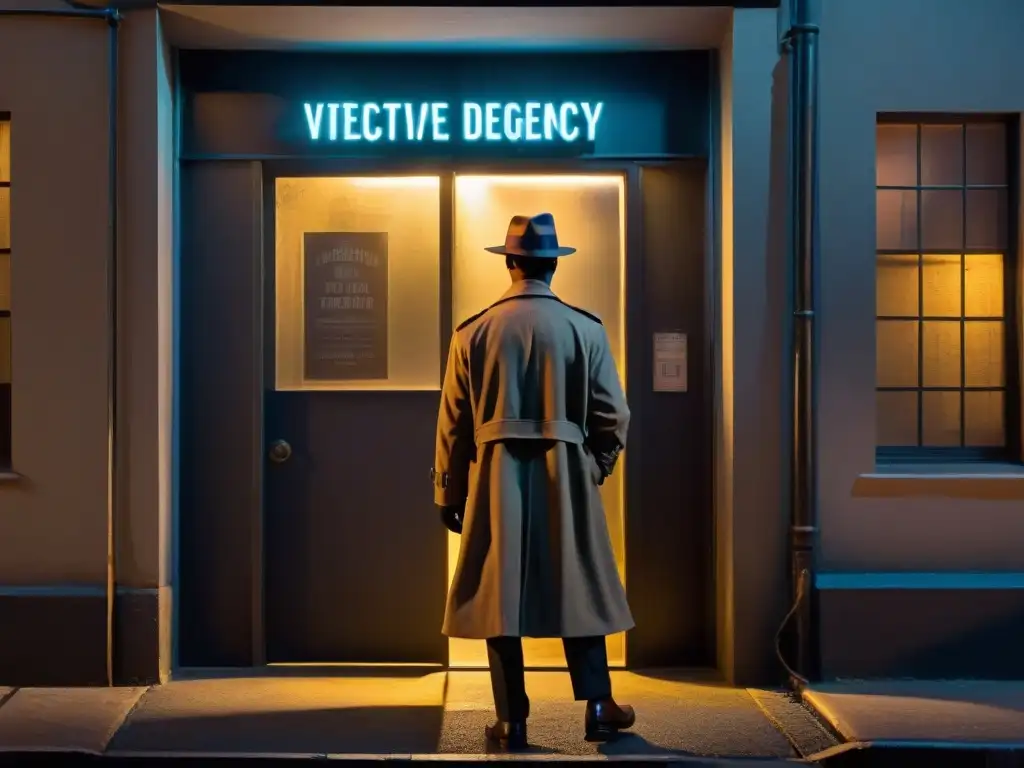 Un detective solitario en un callejón oscuro, frente a una agencia de detectives, evocando la Filosofía de Rust Cohle