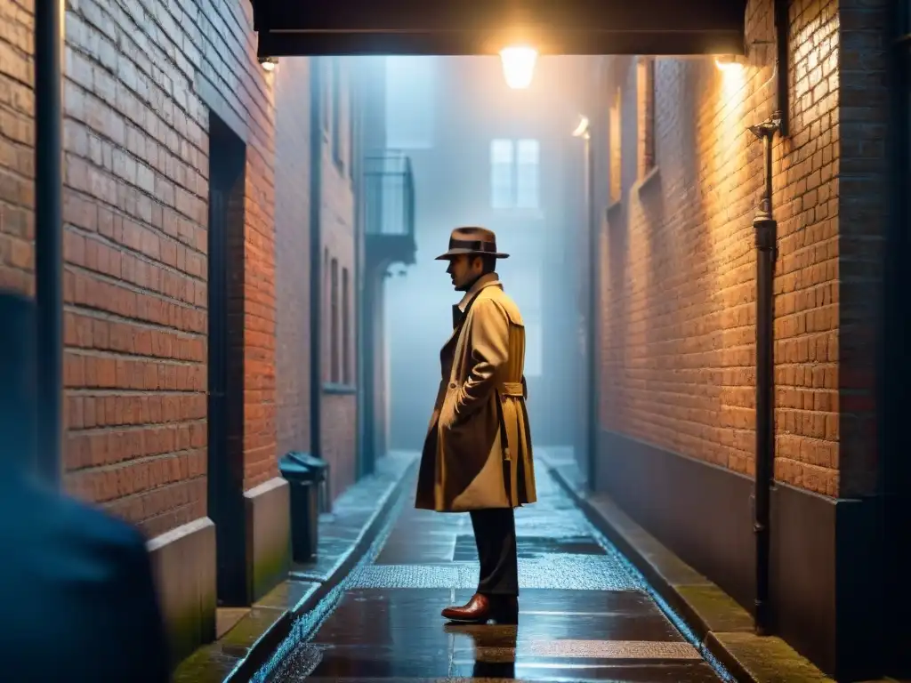 Un detective solitario en un callejón oscuro de Londres, bajo la luz de una farola parpadeante