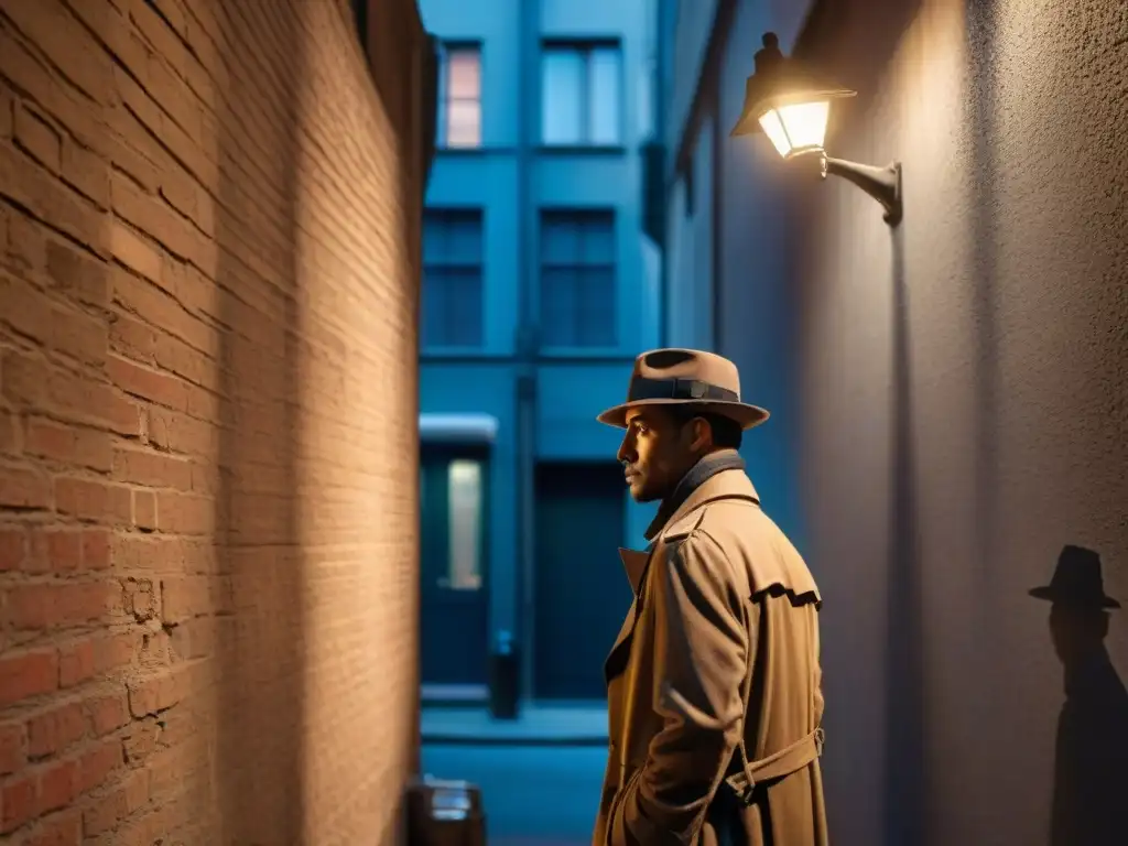 Detective solitario en callejón oscuro, mirando cámara de vigilancia