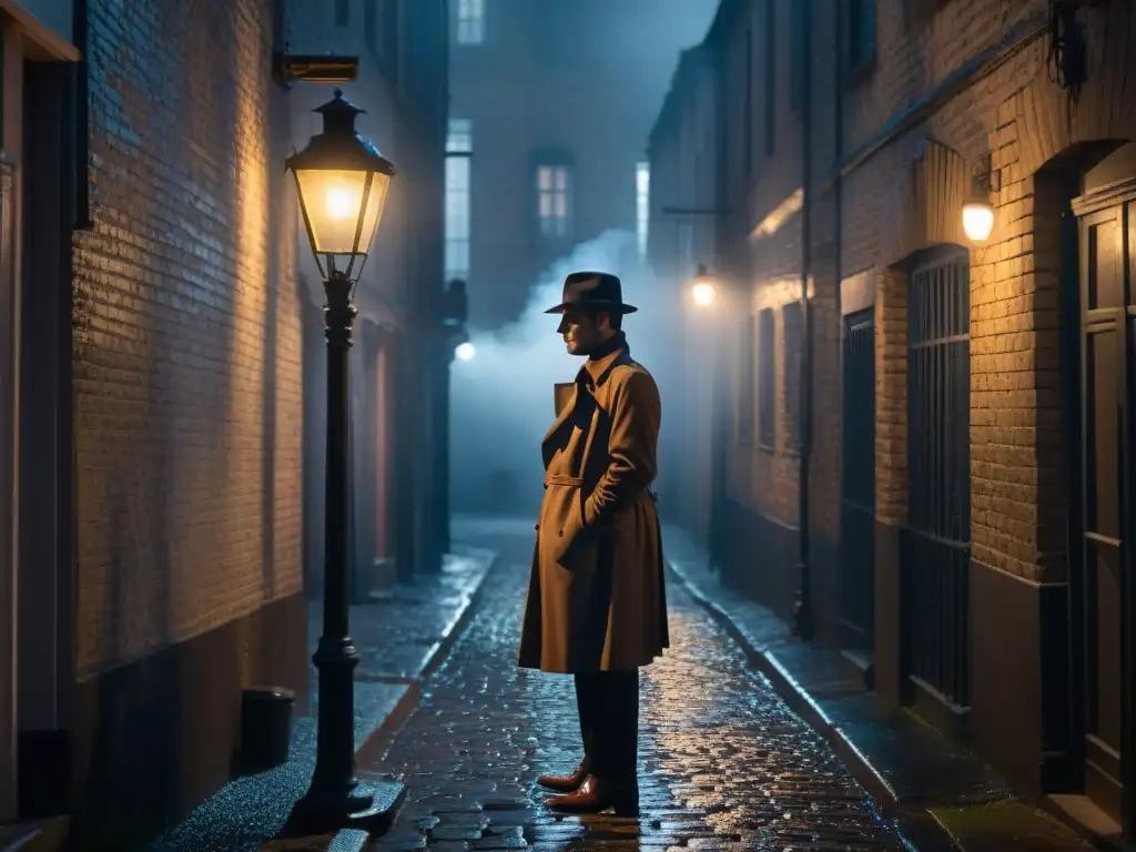 Un detective solitario fumando en un callejón oscuro bajo la lluvia, evocando el misterio del cine noir