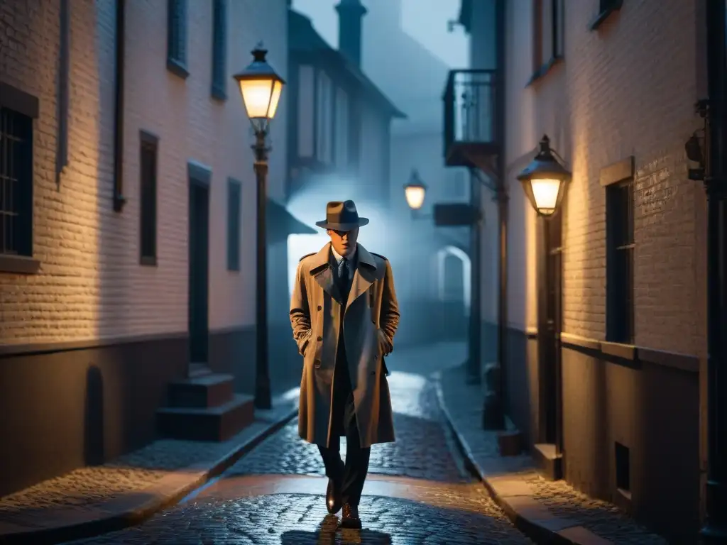 Un detective solitario en un callejón oscuro, bajo la luz tenue de una farola, en blanco y negro