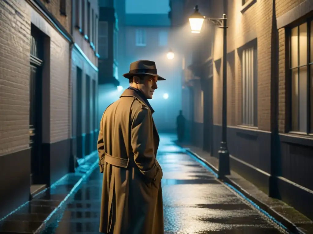 Un detective solitario en un callejón oscuro, iluminado por la luz de una farola, crea un ambiente de misterio propio del género noir