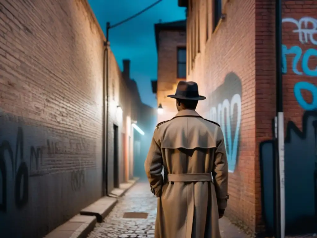 Un detective solitario en un callejón oscuro, bajo una farola parpadeante