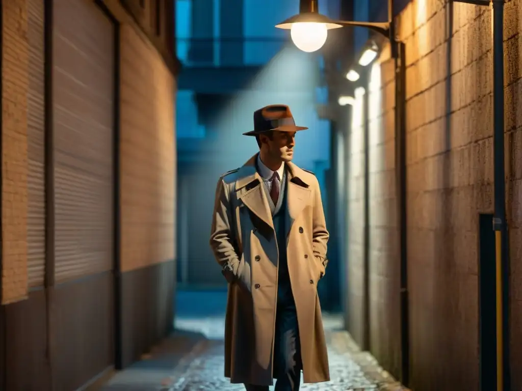 Un detective solitario en un callejón oscuro, bajo la luz de una farola parpadeante