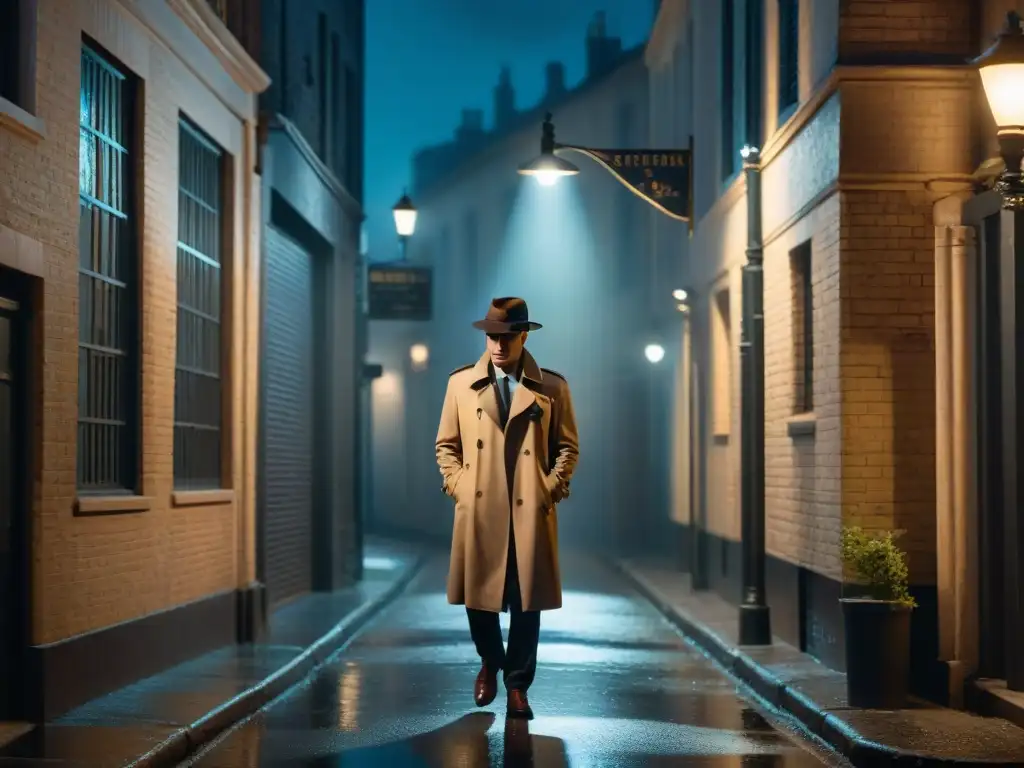 Escena de cine negro: misterio y suspense en un callejón nocturno Un detective solitario en un callejón oscuro de noche, bajo la luz de una farola parpadeante