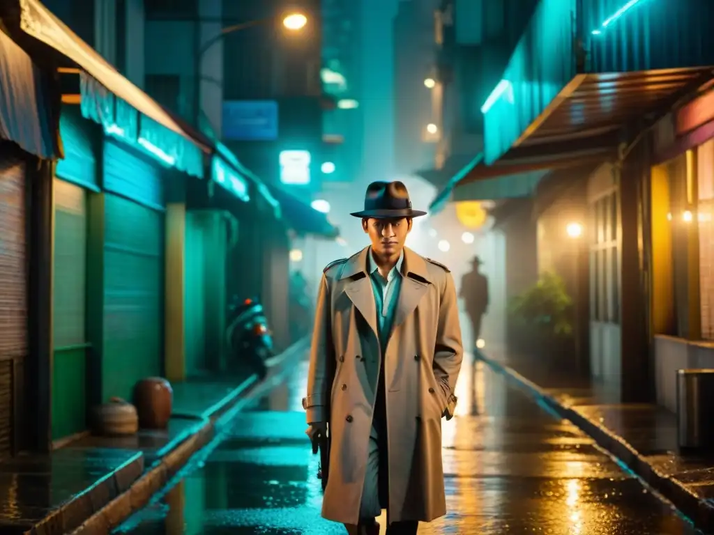 Un detective solitario en un callejón oscuro de Bangkok de noche, con sombrero y gabardina, en un escenario de Cine detectives tailandés Bad Genius