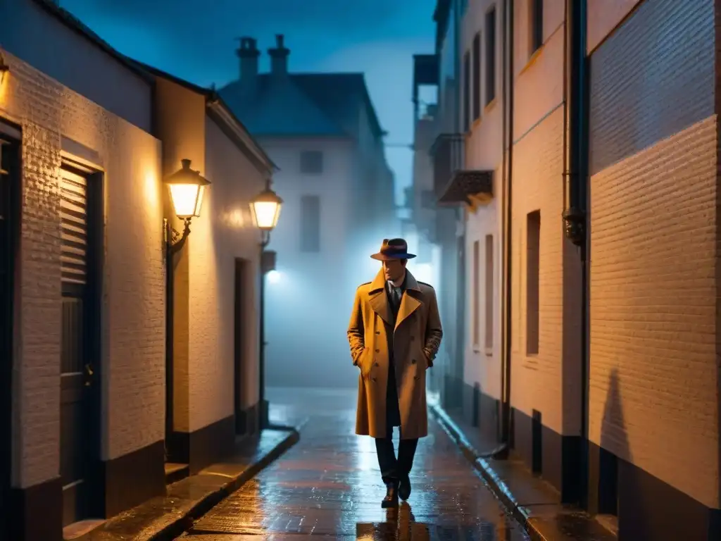 Un detective solitario fumando en un callejón oscuro, evocando el cine noir