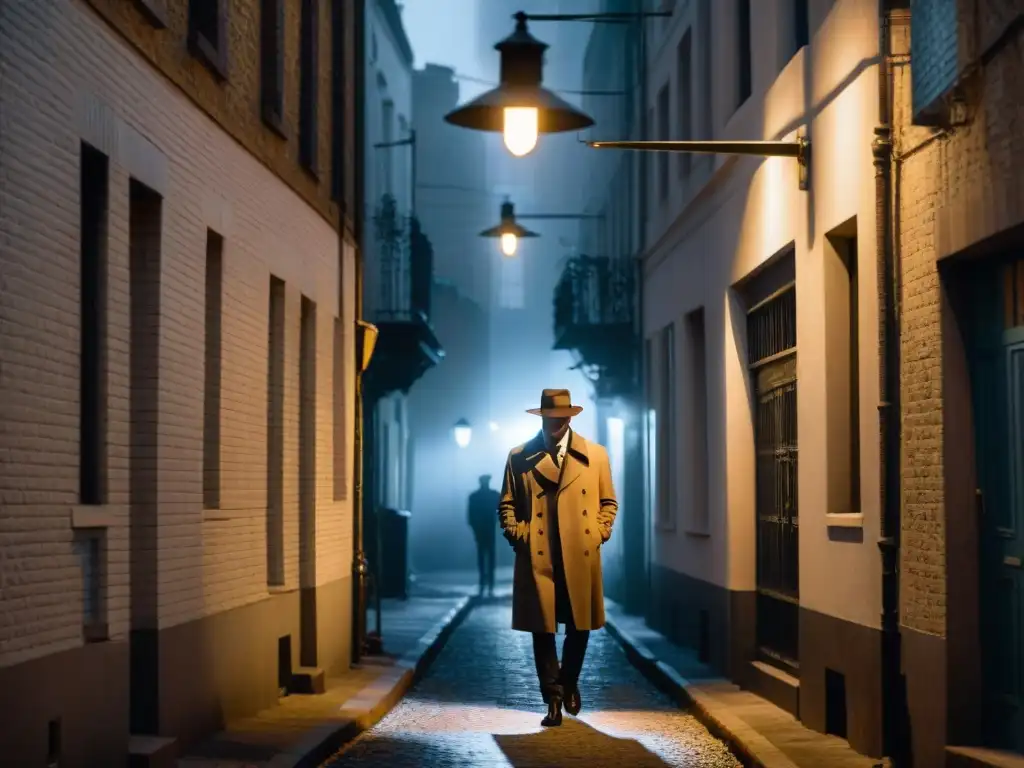 Un detective solitario en un callejón oscuro bajo una farola parpadeante