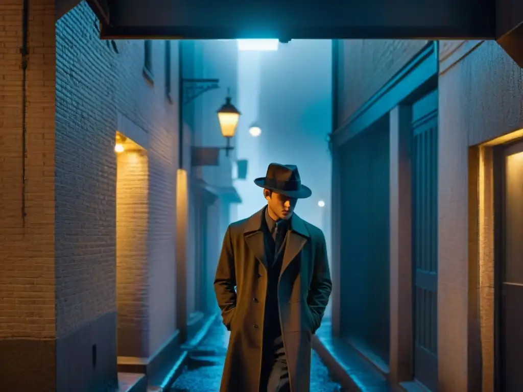 Un detective solitario en un callejón oscuro, con sombrero y lupa bajo la luz de la farola, reflejos de la ciudad