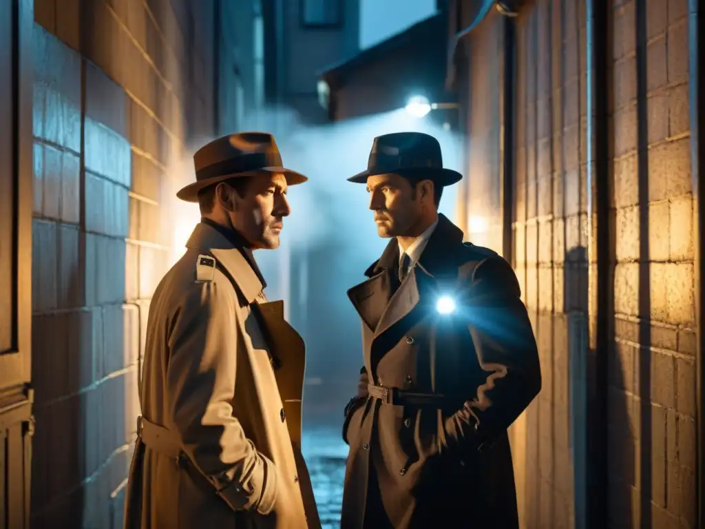 Un detective solitario en un callejón oscuro, iluminado por una farola titilante, en un thriller escandinavo