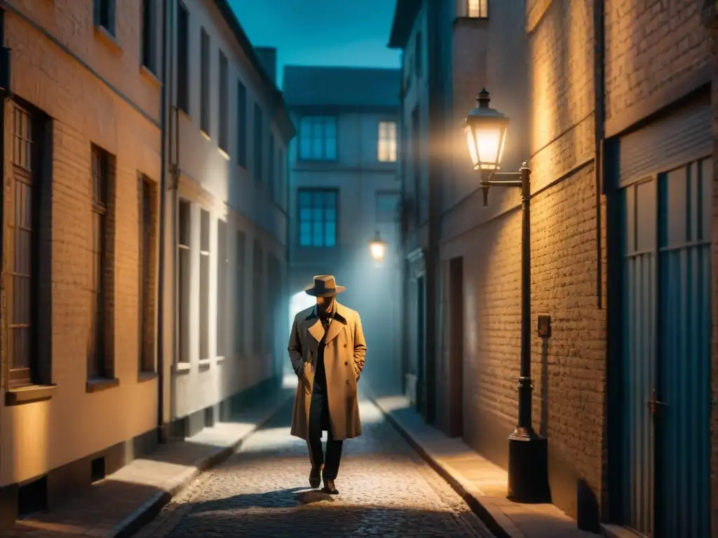 Un detective solitario en un callejón oscuro de noche, bajo una farola parpadeante