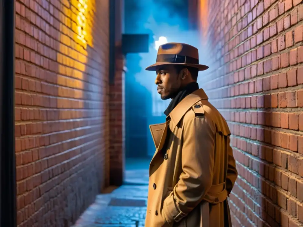 Un detective solitario en un callejón oscuro, iluminado por un letrero de neón, evocando escenas de film noir