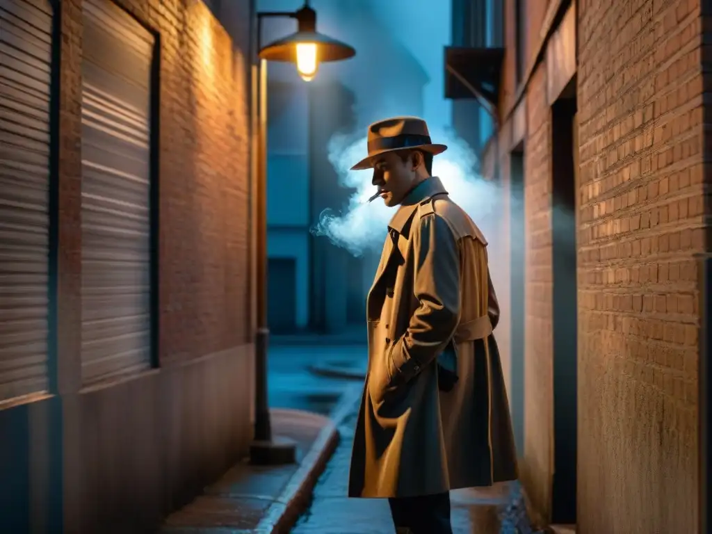 Un detective solitario en un callejón oscuro bajo la luz de la farola