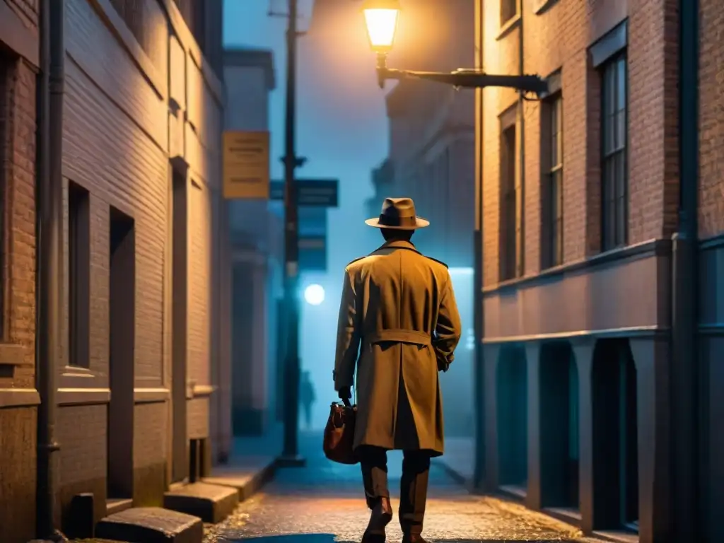 Un detective solitario en un callejón oscuro, bajo la luz de una farola, con un letrero de agencia detective en la sombra