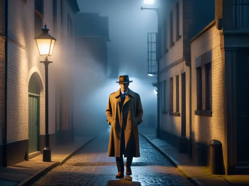 Un detective solitario en un callejón oscuro, bajo una farola titilante, crea un ambiente de Film Noir