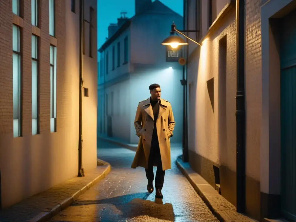 Un detective solitario en un callejón oscuro, bajo una farola parpadeante, en una escena de suspense al estilo del género Bosch