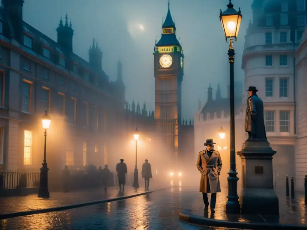 Un detective solitario en un callejón oscuro de Londres, bajo la luz de una farola titilante, con la silueta de Big Ben al fondo