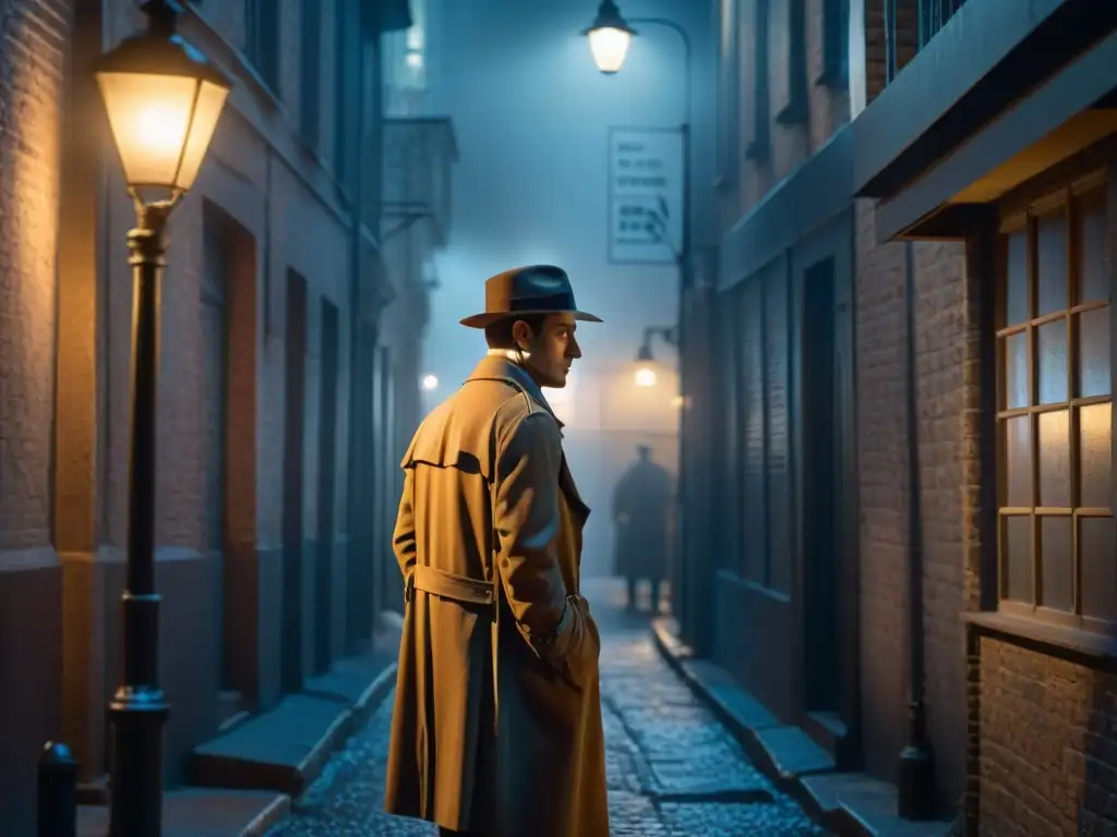 Un detective solitario en un callejón oscuro, bajo la luz de una farola, resolviendo un misterio