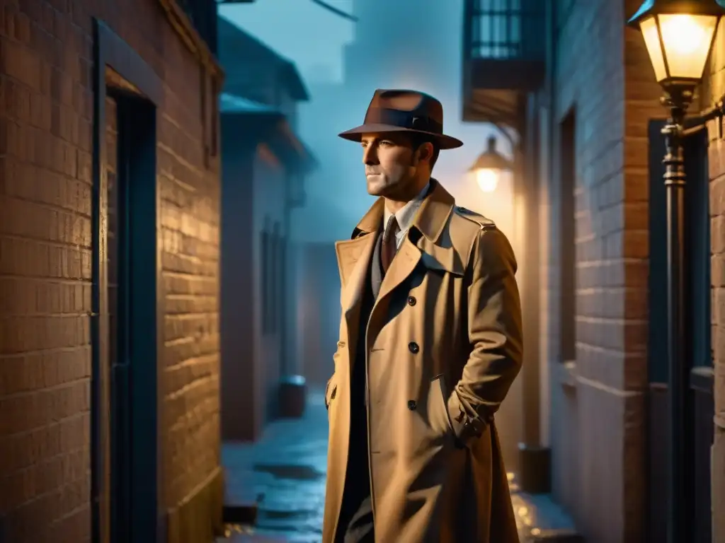 Un detective solitario en un callejón sombrío, iluminado por una farola parpadeante, evocando el misterio y suspense del género detective