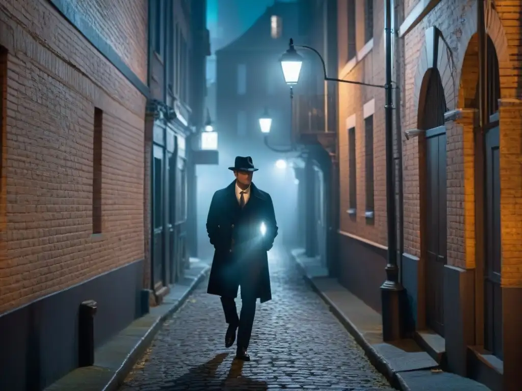 Un detective solitario camina por un callejón sombrío de noche, bajo la luz tenue de una farola titilante, capturando la esencia de misterio y suspense en un escenario cinematográfico