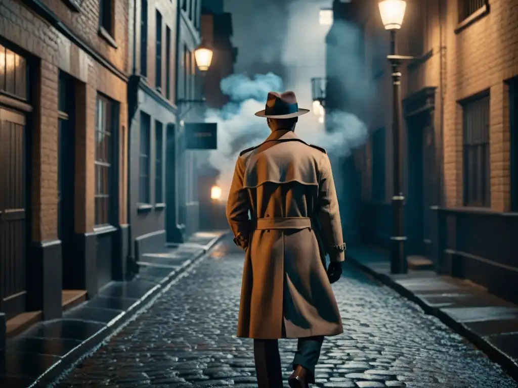 Un detective solitario en un callejón sombrío estilo Film Noir, bajo una farola parpadeante, rodeado de humo