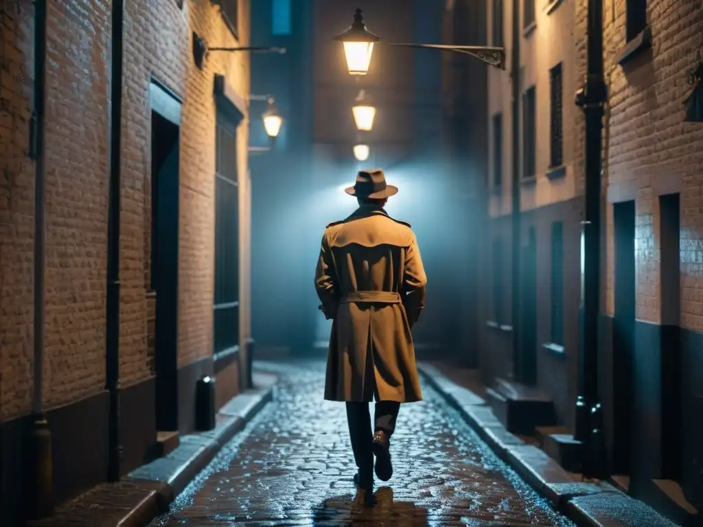 Un detective solitario en un callejón sombrío, iluminado por la tenue luz de una farola mientras las adoquinadas calles mojadas brillan bajo sus pies