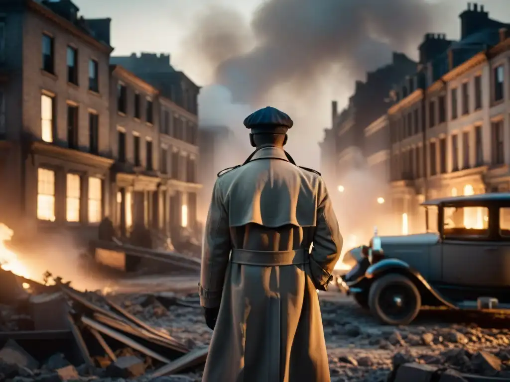 Un detective solitario en un escenario de guerra, iluminado por una farola