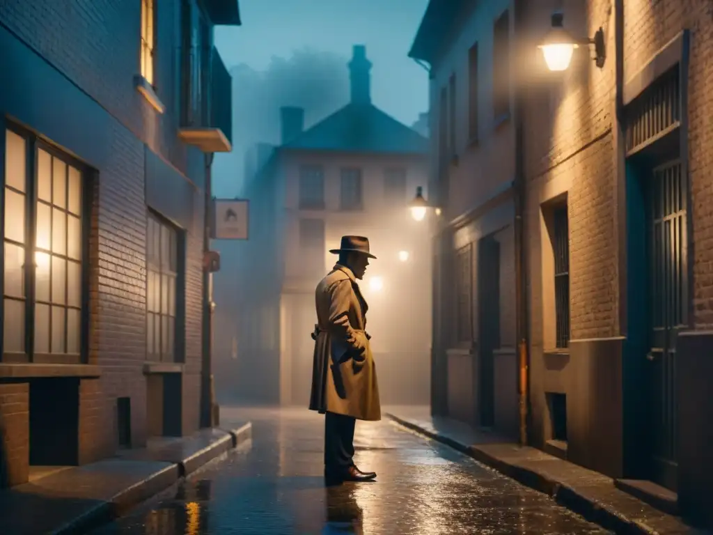 Un detective solitario revisando un expediente en un callejón sombrío de noche