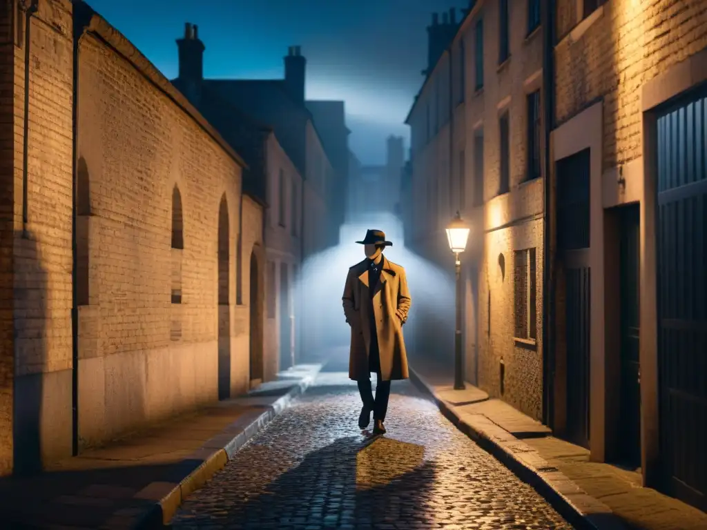 Un detective solitario bajo una farola en un callejón oscuro, creando misterio y suspense