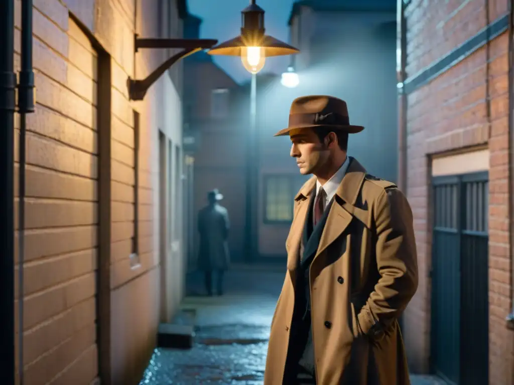 Alleyway nocturno: Misterio y suspense en la ciudad Un detective solitario bajo una farola en un callejón oscuro, evocando el misterio de finales abiertos en comedias de misterio