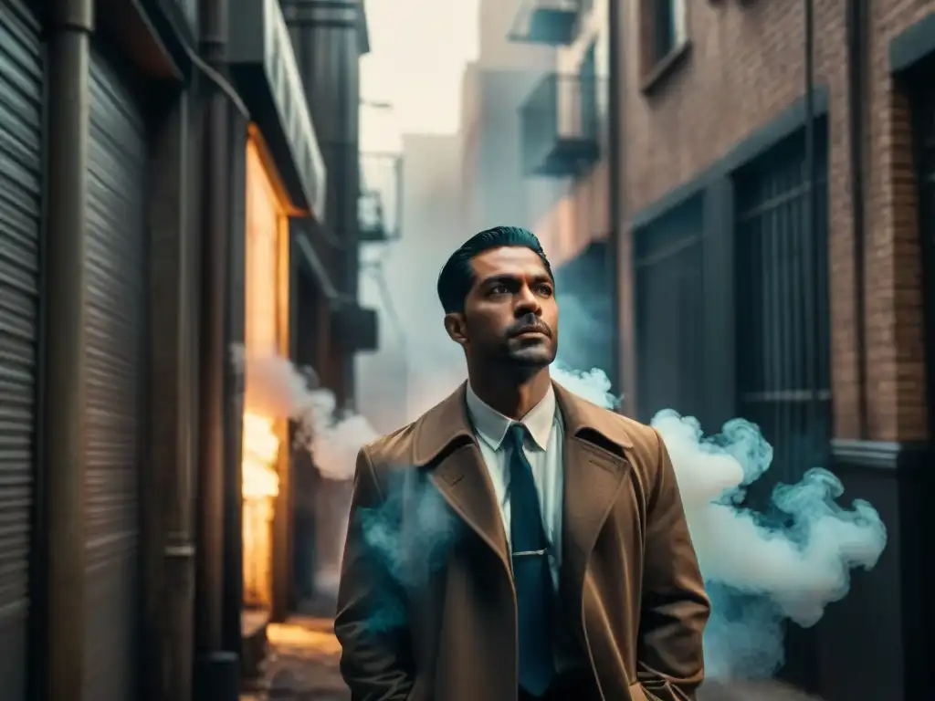 Detective en solitario bajo farola en callejón sombrío, humo alrededor, expresión de determinación