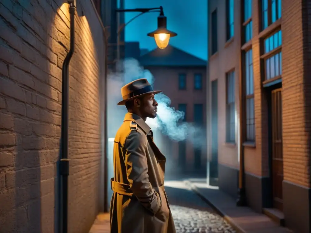 Detective solitario bajo farola en callejón sombrío