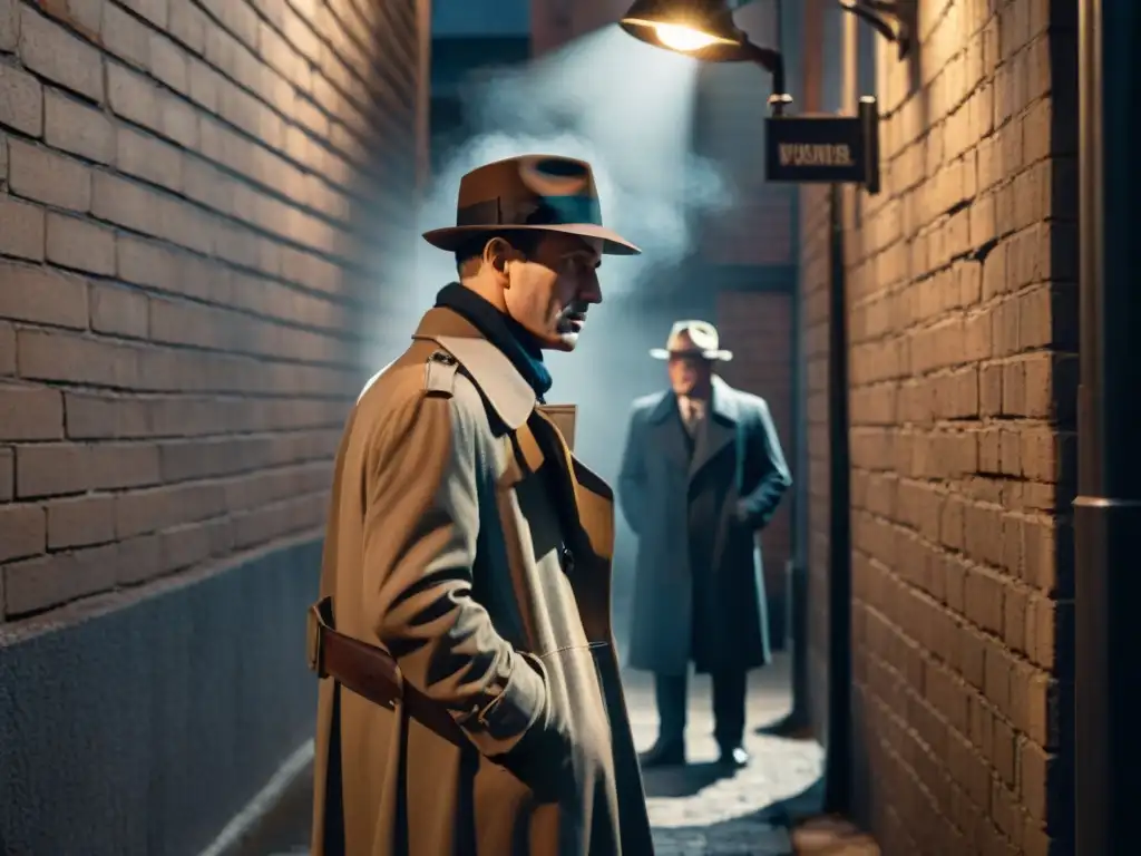 Detective misterioso en callejón: noir en blanco y negro Un detective solitario, bajo una farola titilante en un callejón oscuro en blanco y negro, examina una pista con una lupa