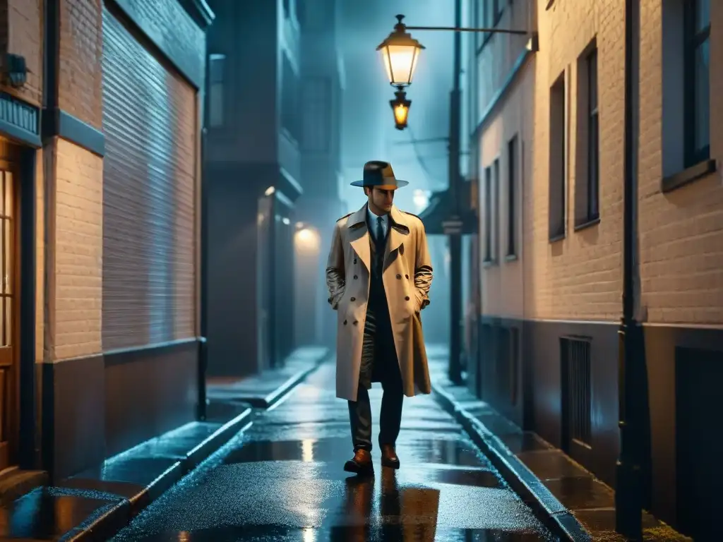 Un detective solitario bajo la lluvia en un callejón oscuro, sombrío y misterioso