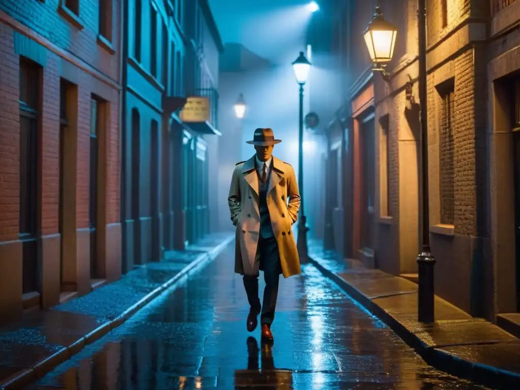 Un detective solitario bajo la lluvia en un callejón oscuro, reflejos de luces de neón