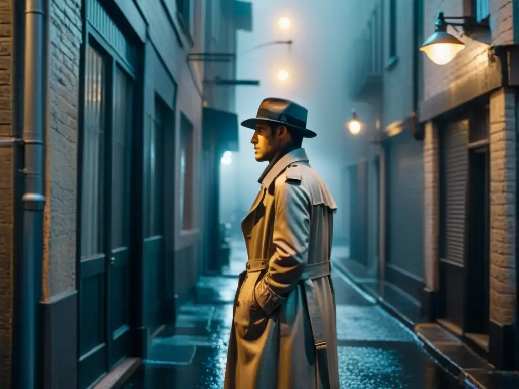 Un detective solitario bajo la lluvia en un callejón oscuro de una ciudad bulliciosa, en blanco y negro