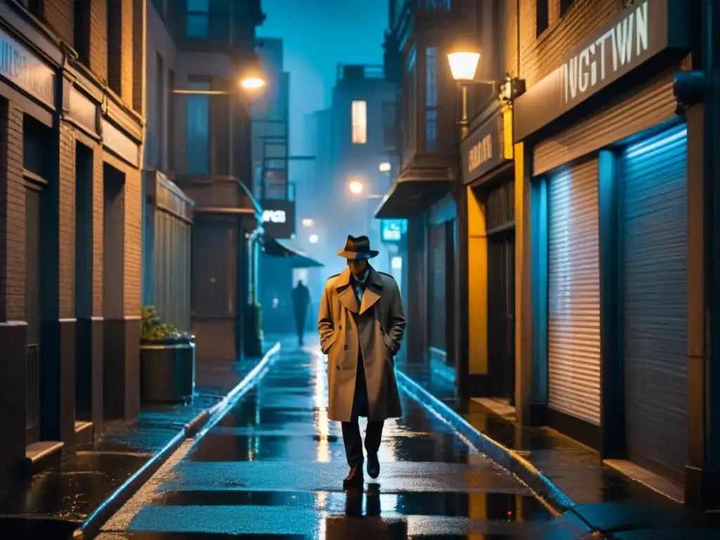 Un detective solitario bajo la lluvia en un callejón oscuro de la ciudad, evocando la evolución del género detectivesco